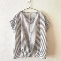 ☆【ハッシュアッシュ】ブラウス ストライプ柄 裾タック Vネック 異素材 M