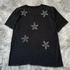 【美品✨】黒 花柄刺繍 半袖カットソー ストライプ L-LL相当 大きいサイズ