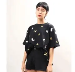 プニュズ　FUGUドッグTシャツ　犬　刺繍　大きいサイズ　黒　ブラック　サイズ4