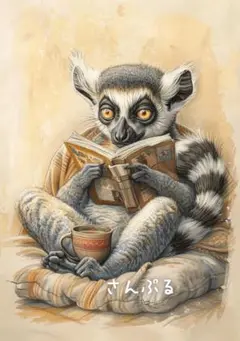 1242 オリジナル アニマルステッカー 動物 ワオキツネザル 読書 4枚