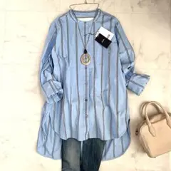 未使用タグ付✨ティッカ コットン 長袖 シャツ バンドカラー ストライプ