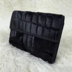 【未使用級】クリツィア 二つ折り財布 がま口 ブラック ホースヘア クロコ型押し