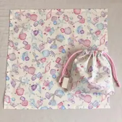 【ハンドメイド】ほぼ正方形のランチマット＆巾着セットA　給食マスク3枚付き