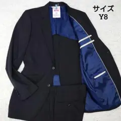 美品　ノーブランド　スーツ　背抜き　黒　シャドーストライプ　Y8　細身
