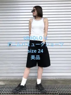 美品 UNIQLO U ユニクロ デニムバミューダショーツ ブラック サイズ24