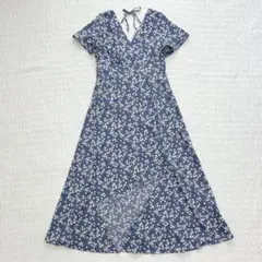 【美品】 カシュクールワンピース　花柄　Aライン　ラップ　ネイビー　白　M