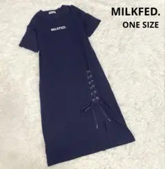 【ミルクフェド】Tシャツワンピース 編み上げリボン ロゴ ネイビー