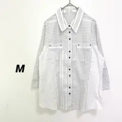 シャツ ブラウス 七分袖シャツ 【M】ストライプ ホワイト 飾りポケット