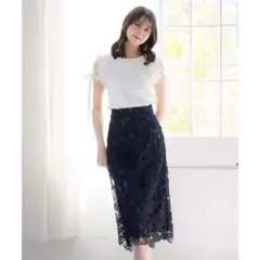ノエラ　noela リボン　レース　タイト　スカート　通勤　ネイビー　紺