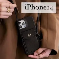 iPhoneアイフォン14 ケース スマホショルダー レザー 高級感 ブラック黒