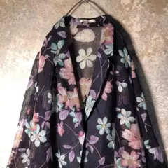 【ヴィンテージ】花柄 大柄シースルージャケット ネイビー 古着 ZBS6