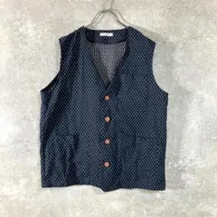 Natuhara　ベスト　ネイビー　和風　総柄　ボタン　コットン100％　ミドル
