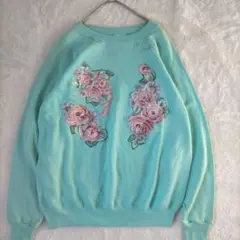 【希少✨】【USA】レディース　スウェット　花柄　ターコイズ