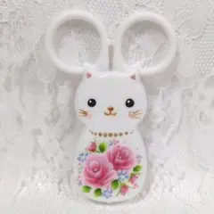 【トールペイント】ミニはさみ(白猫ちゃん）ピンクの薔薇