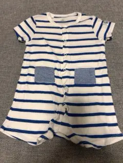 プチバトー　6m 67cm ボタン付きロンパース 白青ストライプ