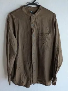 ユニクロ　UNIQLO　ノーカラーシャツ　バンドカラーシャツ　L　ブラウン　茶