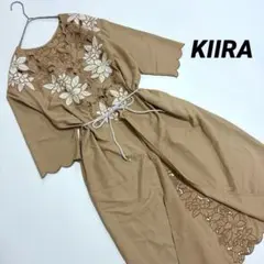 KIIRAキーラ 花柄刺繍 ベージュ 七分袖 ロングワンピース リヨセルリネン
