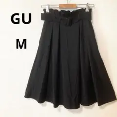 GU ジーユー M ブラック ウエストベルト付き　膝丈フレアスカート