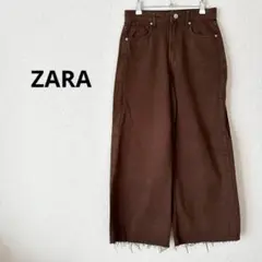 ZARA ワイドパンツ　Lハイウェスト　ブラウン　無地　コットン　34