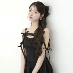 M me eme　エムミーエメ　リボンジャガードフレアロングワンピース　ブラック