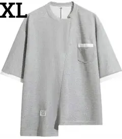 特価❕ワッフル素材❕アシンメトリー メンズ Tシャツ グレー XL
