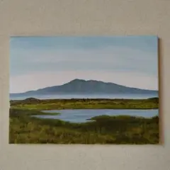 油彩風景画 北海道斜里岳と濤沸湖、張りキャンバス画、サイズF-4 日本百名山