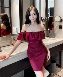 セクシー オフショル ナイトドレス フリル ミニ丈 タイト キャバ嬢