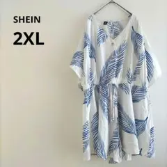 海外古着 SHEIN 半袖 ワンピース 2XL Vネック リーフ パンツタイプ
