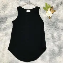 ワッフルタンクトップ (L) ノースリーブカットソー レディース 黒 綿100％