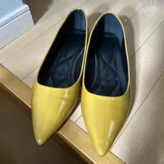 マスタードイエローポインテッドトゥフラットシューズ　大きいサイズ　26 26.5
