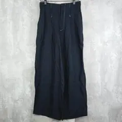 【シティ】リネンライク　日本製　黒のデザインハイウエストワイドパンツ　麻混　0