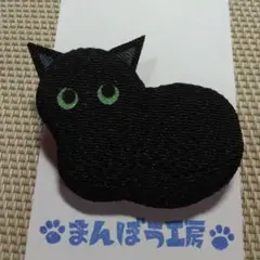 箱座りの猫のブローチ、黒猫、緑の目