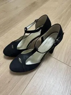 黒 スエード風 Tストラップ ハイヒール