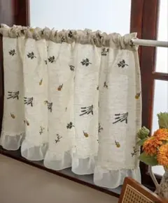 カフェカーテン　小麦の穂　刺繍　北欧　約100×60cm リネン混