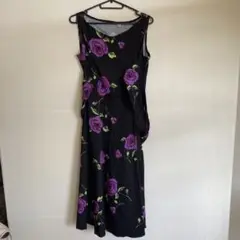 黒紫花柄ノースリーブロングワンピース