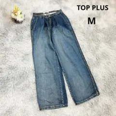 【トッププラス】ワイドデニム ジーンズ (M) 薄手 ダメージ加工 ブルー