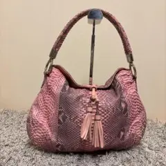 希少カラー ハンドバッグ パイソン 蛇 スネーク 本革　ピンク タッセル