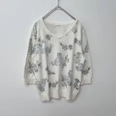 BE RADIANCE　サマーニットトップス　花柄　７分袖　Vネック　F