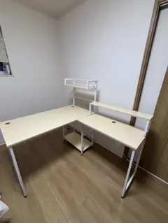 L字型ベージュ木製パソコンデスク