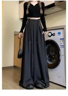 ブラック カジュアル ワイド パンツ シンプル 足長 XL ロング タック