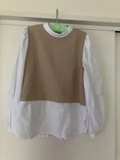 【美品】ZARA M ベージュ・ホワイト 長袖シャツ