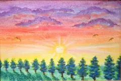日没の夕空並木　A5サイズフレーム入り　原画　風景画　ソフトパステル画　クレヨン