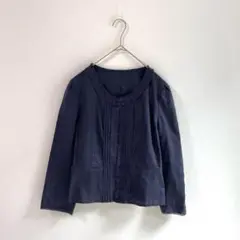 3276【イネド】ノーカラージャケット　薄手　春夏　ネイビー　９　七分袖　フリル