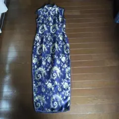 濃藍　花柄チャイナドレス　サイズ34