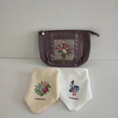 久家道子　Petit Petit 花柄刺繍ポーチ ＆　ハンドタオル2枚　セット