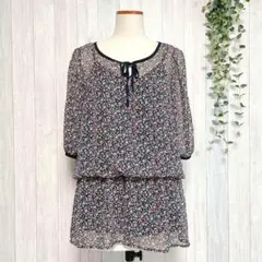 【LOWRYSFARM】5分袖チュニック シースルートップス 小花柄 透け感 M