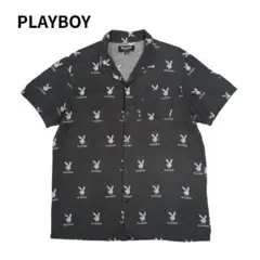 PLAYBOY 総柄 レーヨン シャツ 半袖 ロゴ プリント ブラック M
