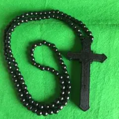 (匿名配送)大型木製 黒色 ロザリオ カトリック 十字架 ネックレス