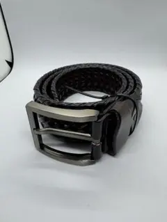 【新品未使用】ダークブラウン 編み込みレザーベルト ダブルバックル