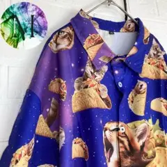 新品　未使用　宇宙　猫　アロハ　シャツ　メンズ　総柄　月　オープンカラー　紫　青